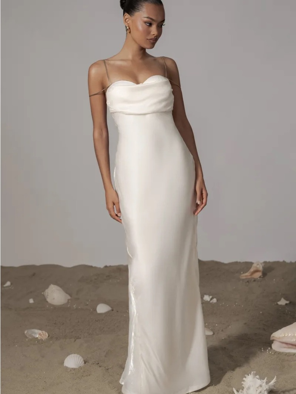 JLUXLABEL White Visions of You Iridescent Cream Satin Maxi Dress with Straps NWT